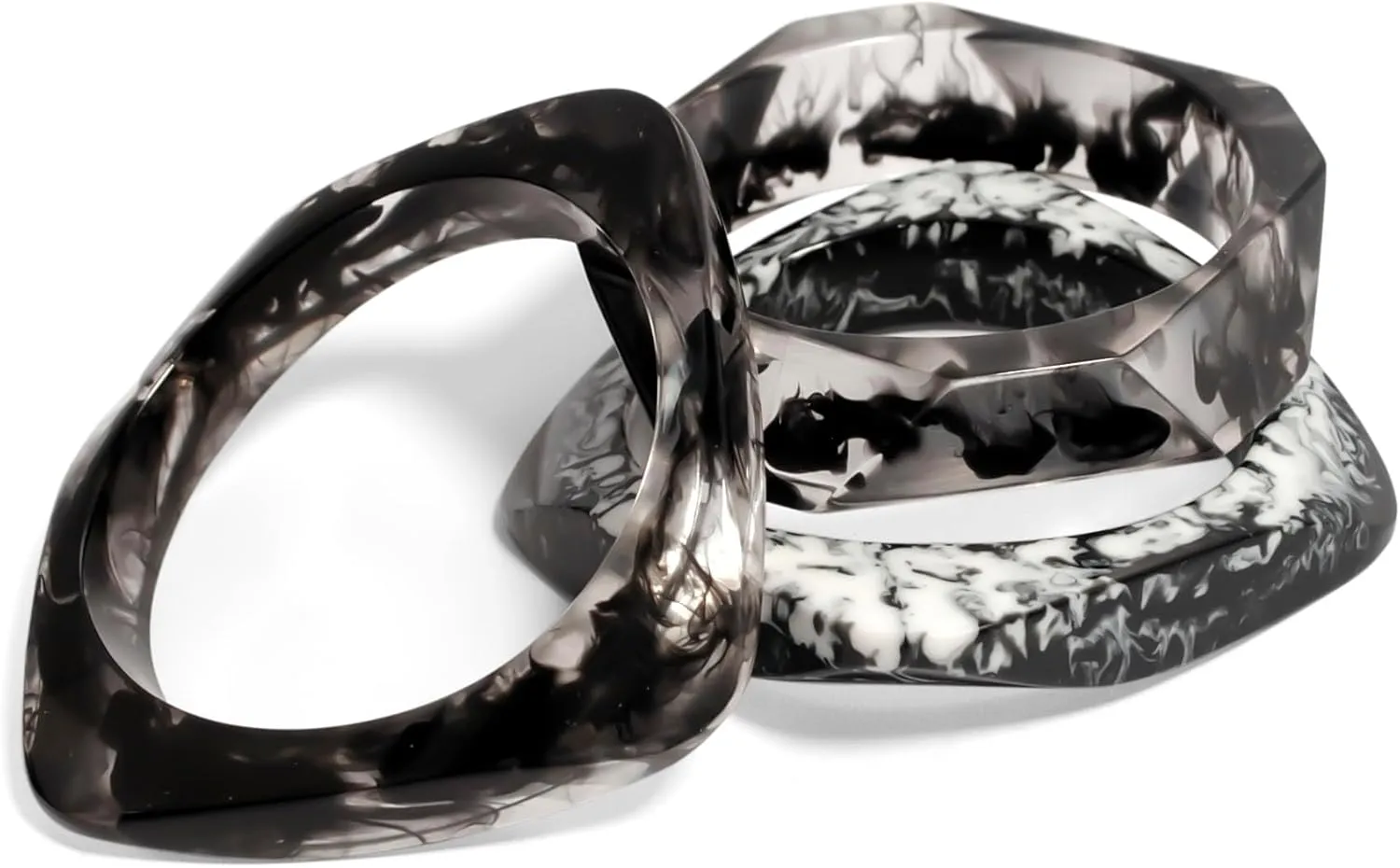 Pure Hands Handmade Resin Bangle Bracelet  Evening in Fog in Black and White | Abstract Shape | Satin Smooth Finish | Artistic Modern Jewelry Studio