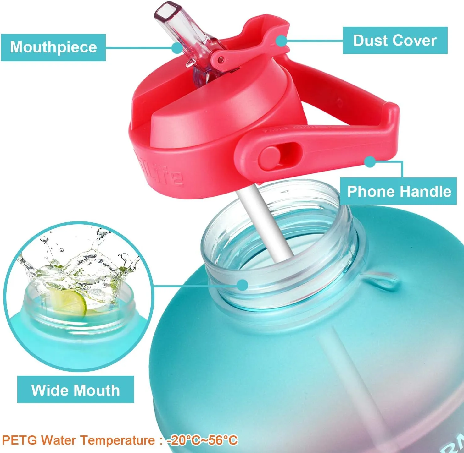 QuiFit 1 Gallon Water Bottle - with Straw & Motivational Time Marker Leak-Proof BPA Free Reusable Gym Sports Outdoor Large(128OZ/73OZ) Capacity Water Jug