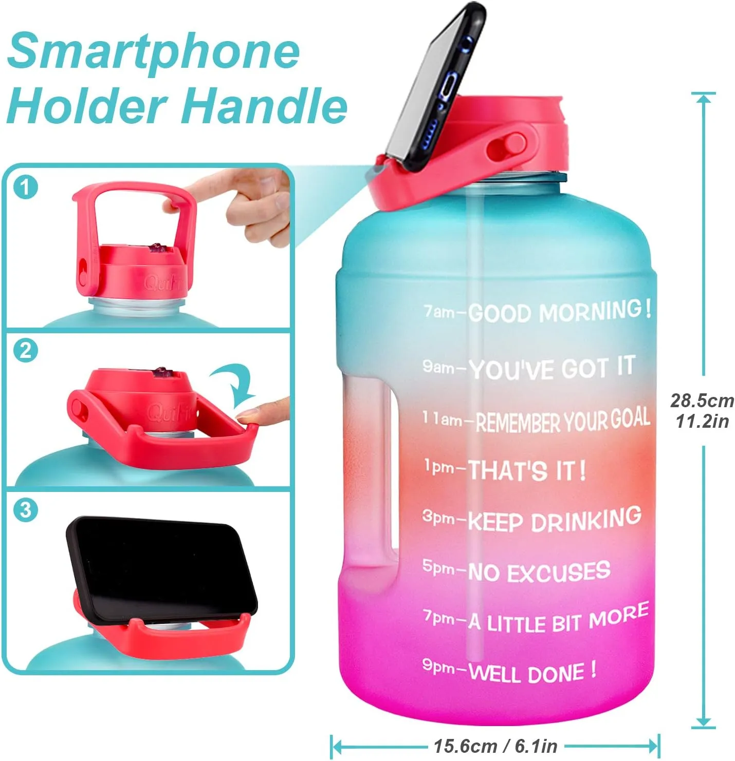 QuiFit 1 Gallon Water Bottle - with Straw & Motivational Time Marker Leak-Proof BPA Free Reusable Gym Sports Outdoor Large(128OZ/73OZ) Capacity Water Jug