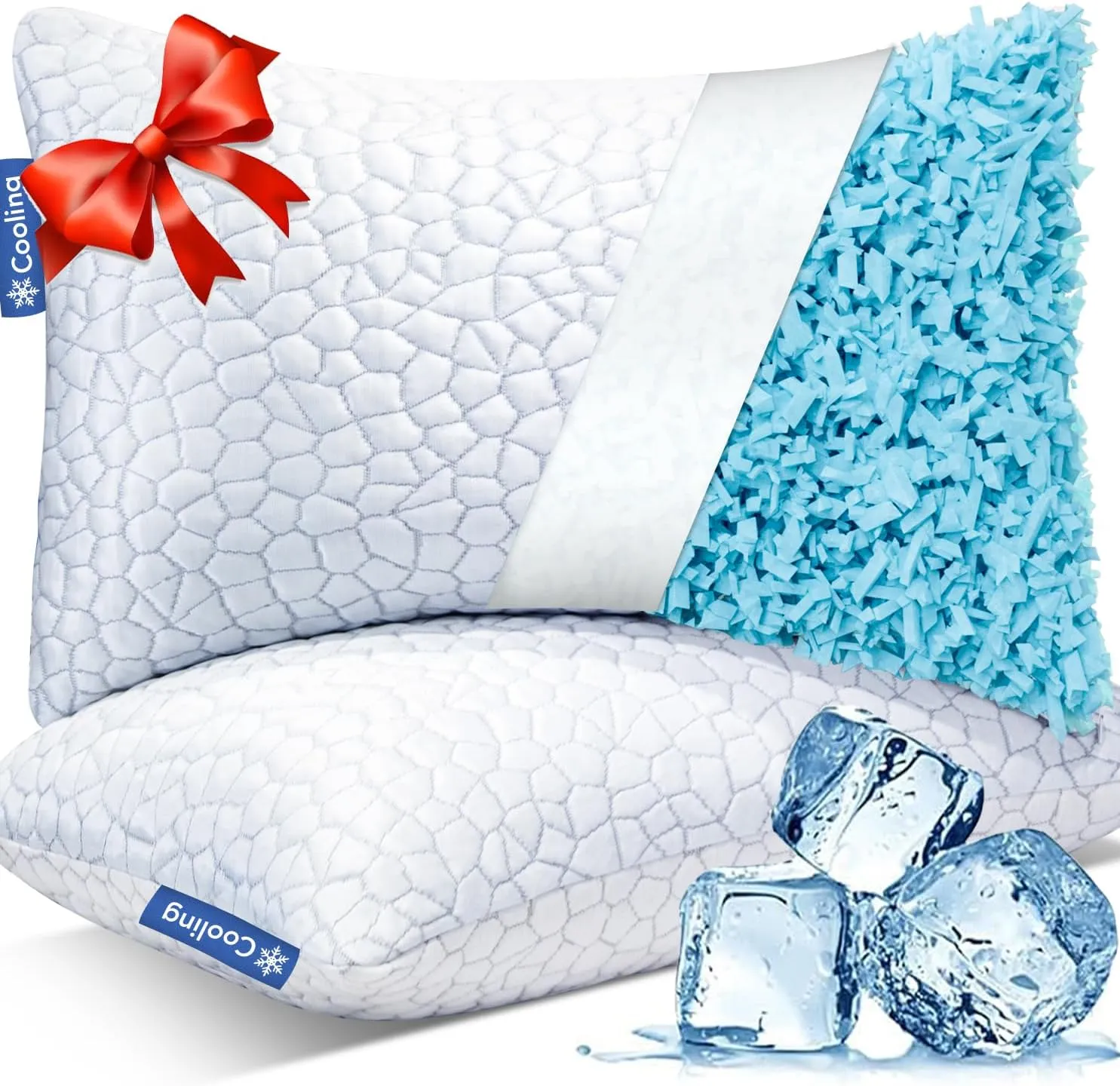 QUTOOL Cooling Pillows for Sleeping 2 Pack, Shredded Memory Foam Bed Pillows Queen Size Set of 2, Gel Pillows for Hot Sleepers Cool Pillow for Side Back and Stomach Sleepers, Cold Pillows, Supportive