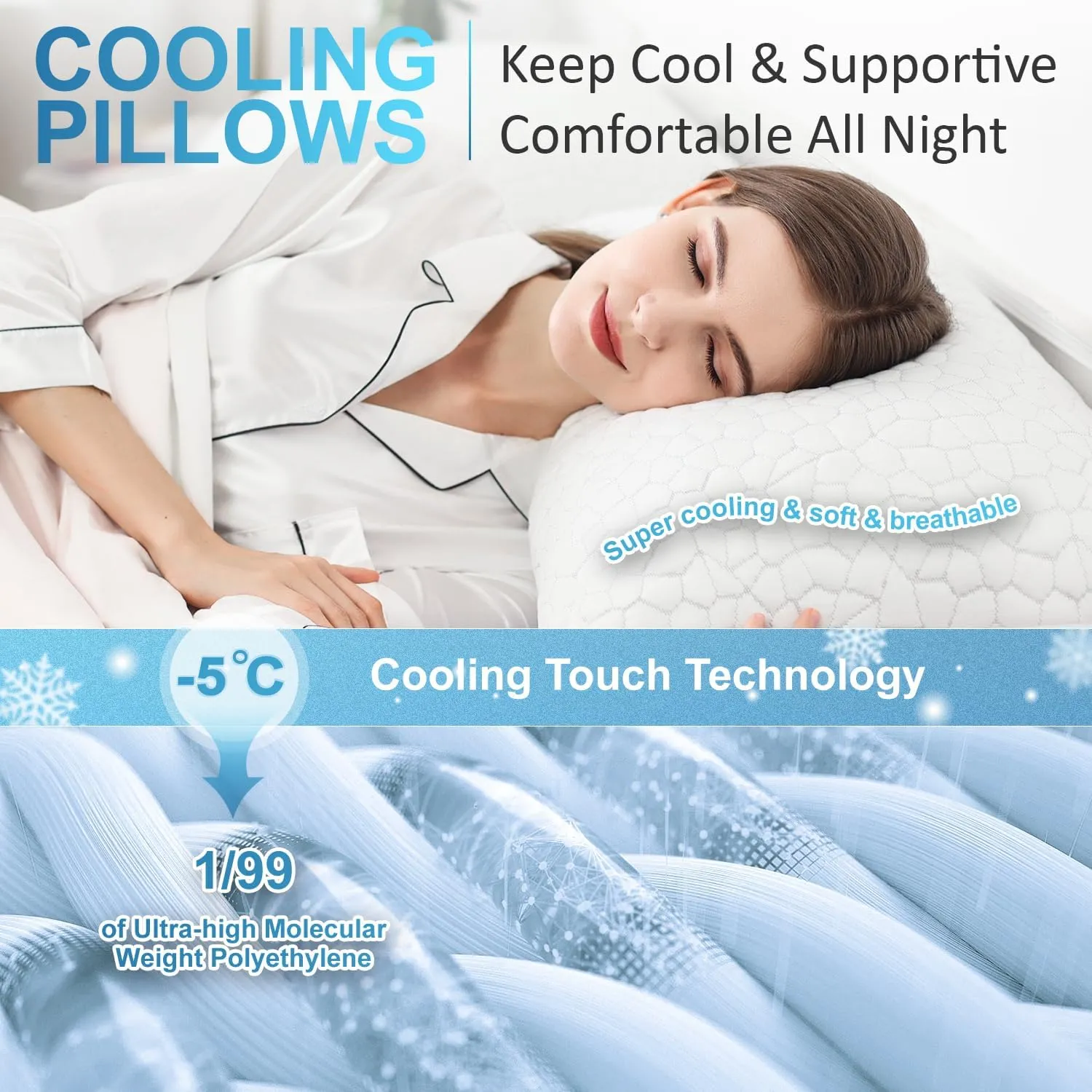 QUTOOL Cooling Pillows for Sleeping 2 Pack, Shredded Memory Foam Bed Pillows Queen Size Set of 2, Gel Pillows for Hot Sleepers Cool Pillow for Side Back and Stomach Sleepers, Cold Pillows, Supportive