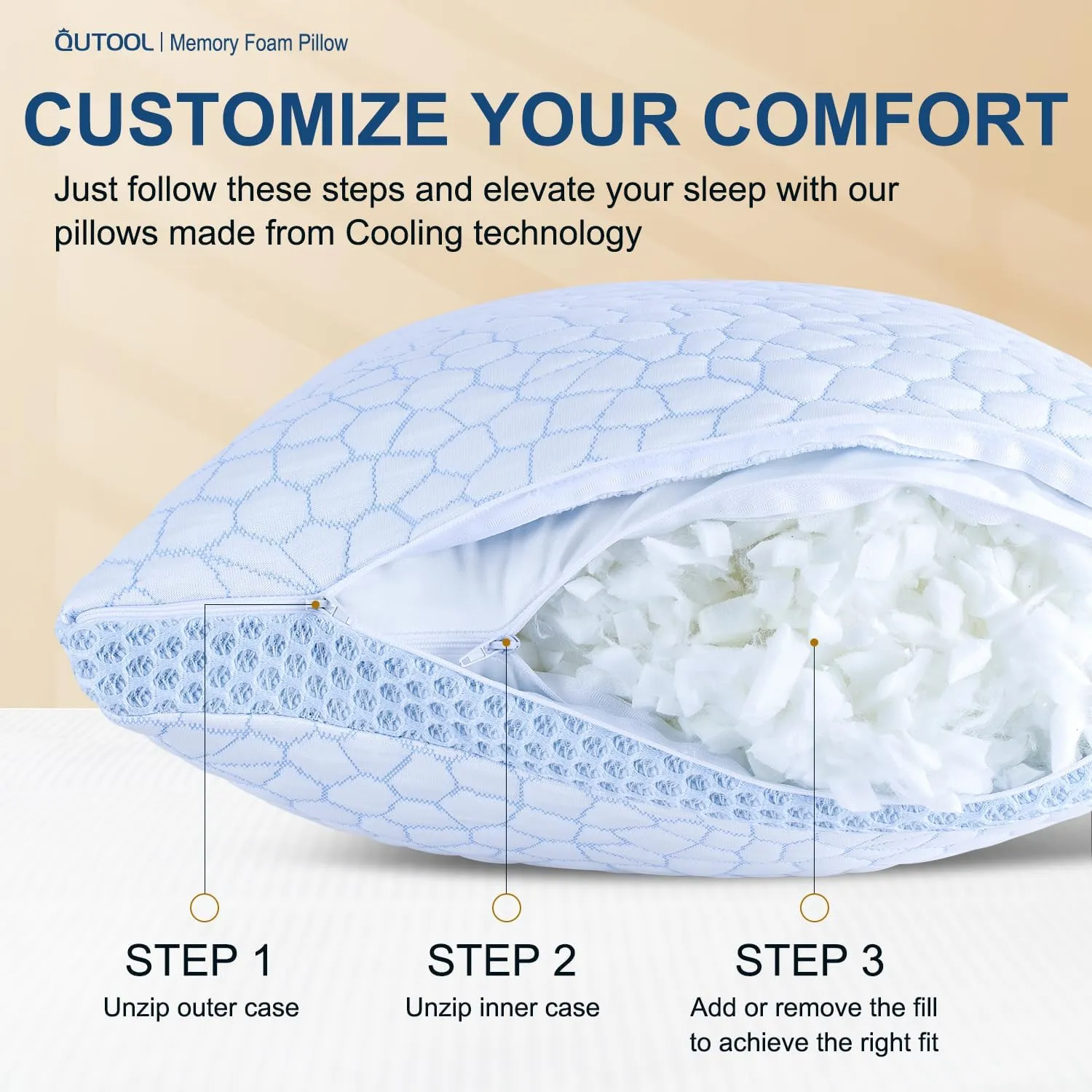 QUTOOL Enhanced Cooling Pillows for Sleeping, Shredded Memory Foam Pillows 2 Pack, Bed Pillows Queen Size Set of 2, Support Yet Soft Pillow for Side, Back Sleepers