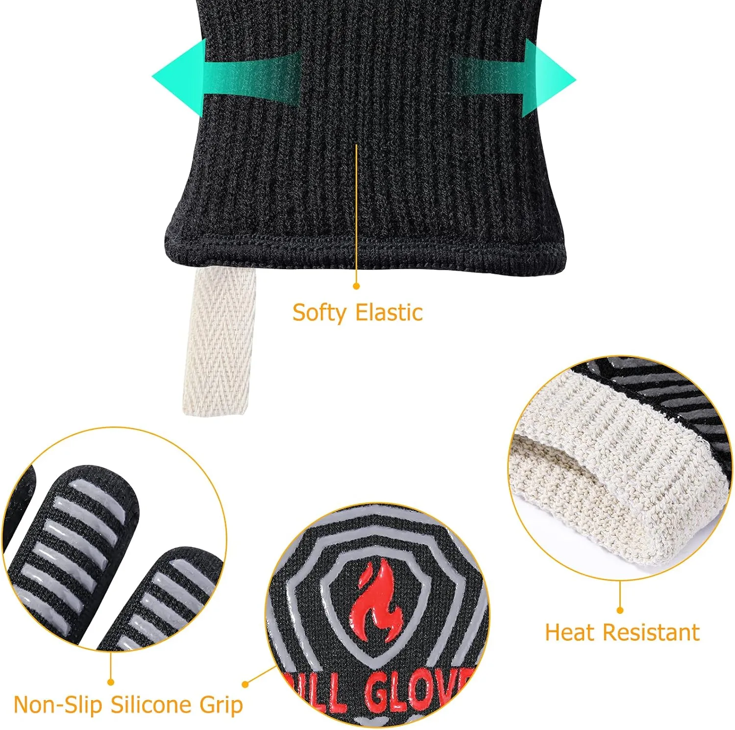 QUWIN BBQ Gloves, Oven Gloves 1472 Extreme Heat Resistant, Grilling Gloves Silicone Non-Slip Oven Mitts, Kitchen Gloves for BBQ, Grilling, Cooking, Baking-1 Pair (Black, One Size(Long Cuff))