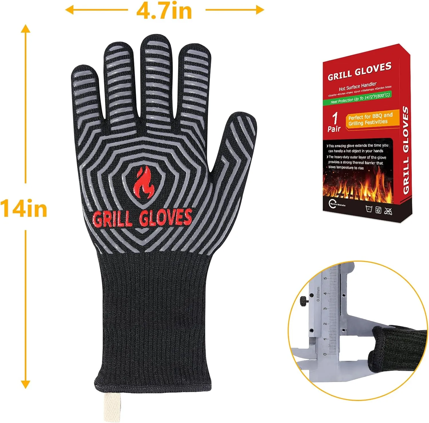QUWIN BBQ Gloves, Oven Gloves 1472 Extreme Heat Resistant, Grilling Gloves Silicone Non-Slip Oven Mitts, Kitchen Gloves for BBQ, Grilling, Cooking, Baking-1 Pair (Black, One Size(Long Cuff))