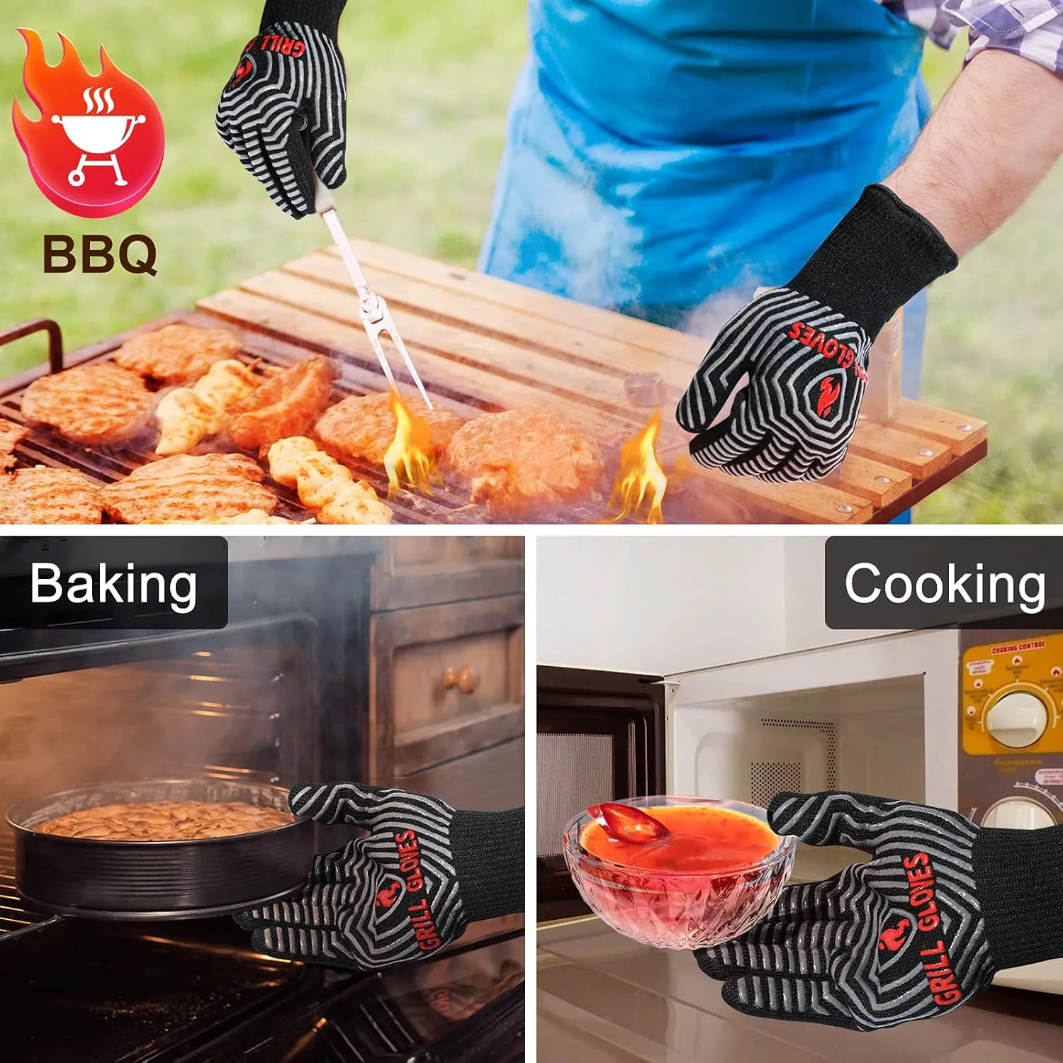 QUWIN BBQ Gloves, Oven Gloves 1472 Extreme Heat Resistant, Grilling Gloves Silicone Non-Slip Oven Mitts, Kitchen Gloves for BBQ, Grilling, Cooking, Baking-1 Pair (Black, One Size(Long Cuff))