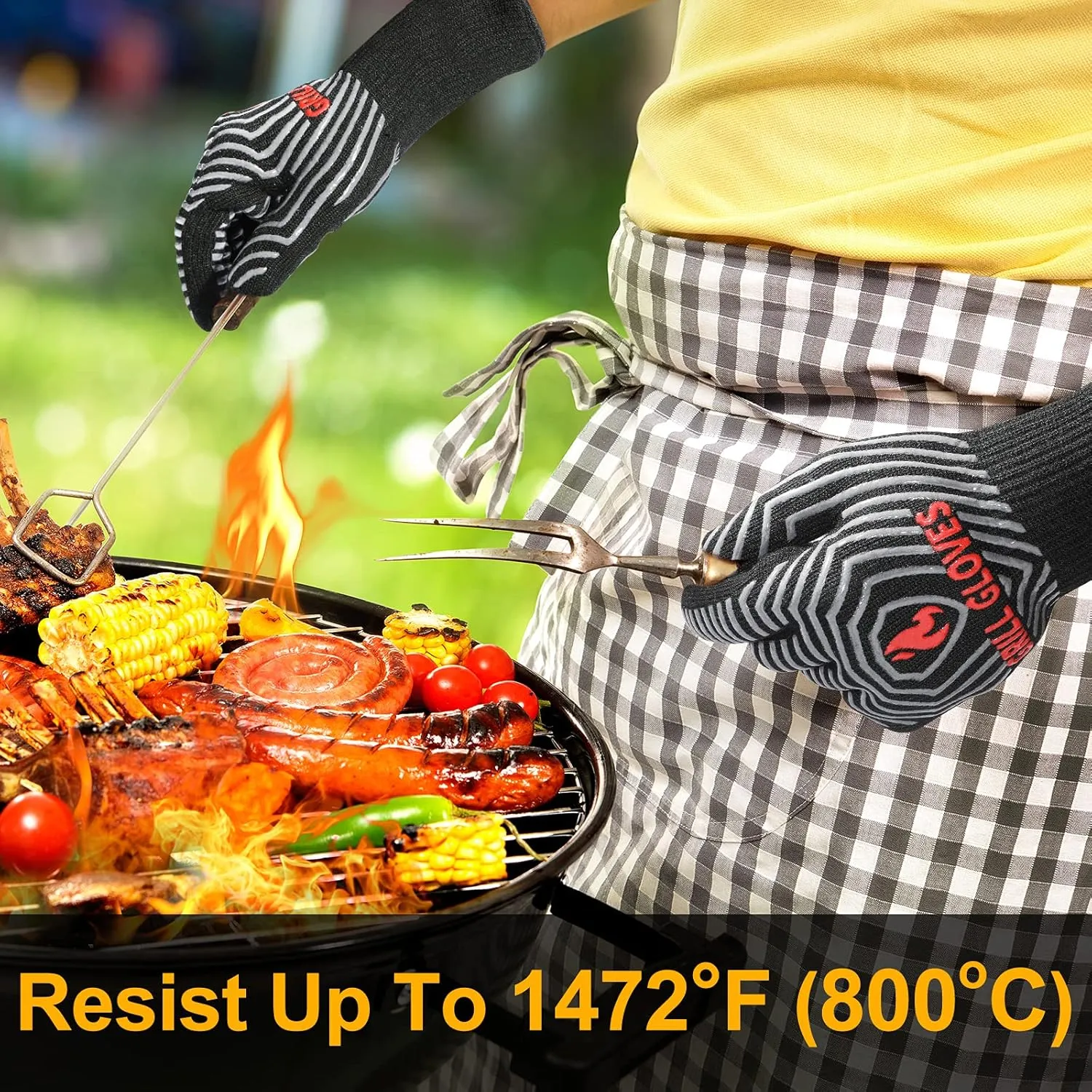 QUWIN BBQ Gloves, Oven Gloves 1472 Extreme Heat Resistant, Grilling Gloves Silicone Non-Slip Oven Mitts, Kitchen Gloves for BBQ, Grilling, Cooking, Baking-1 Pair (Black, One Size(Long Cuff))