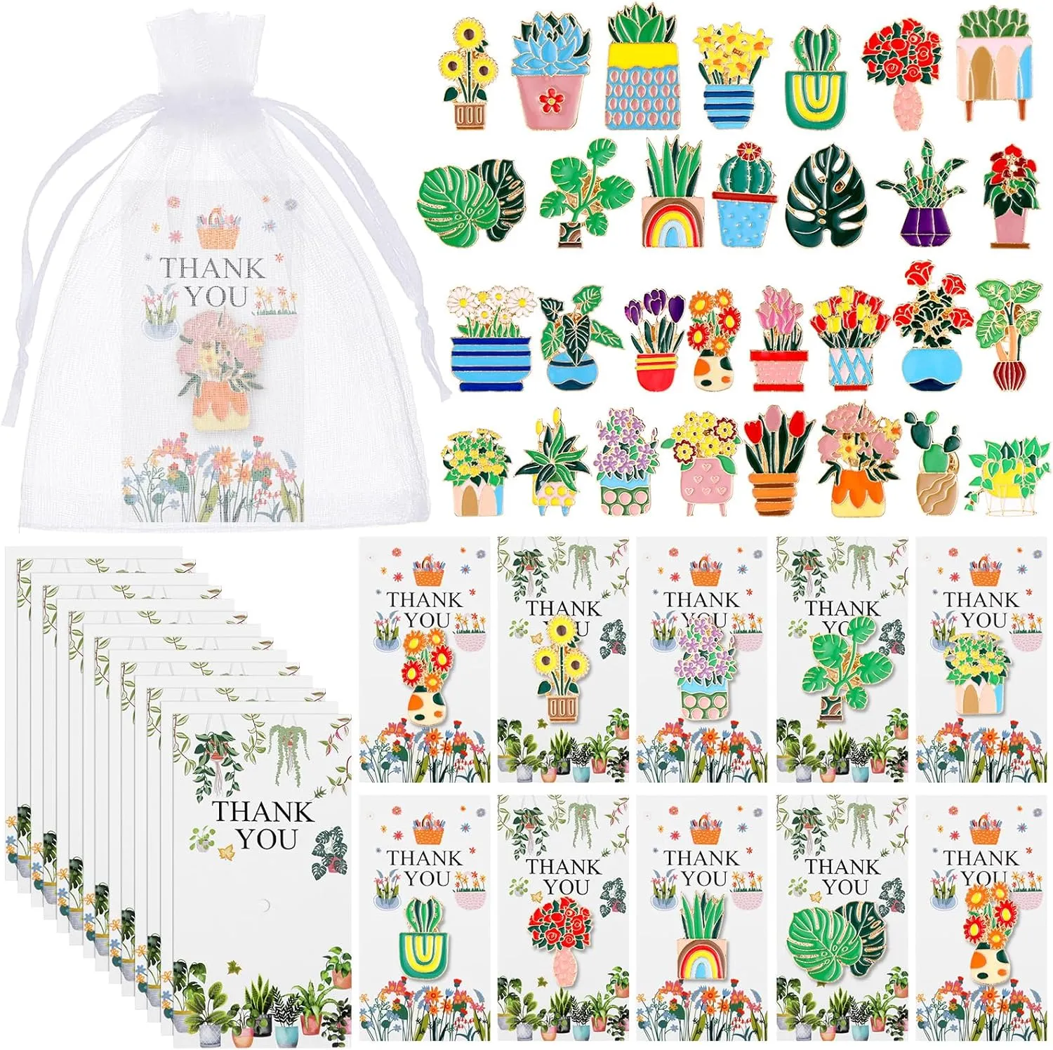 Remuuly 30 Sets Thank You Gift Flowers Potted Plant Enamel Pins Bulk Floral Lapel Brooch Pins with Thank You Cards and White Organza Bags for Backpack Clothe Women Teacher Staff Wedding Party Favors