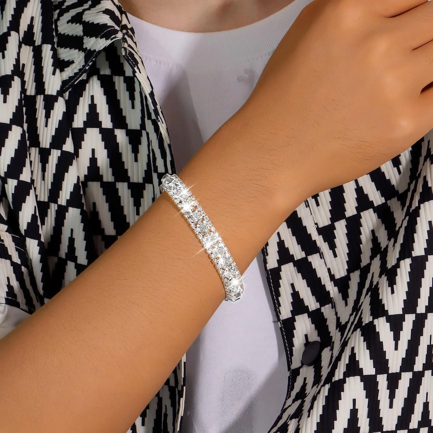 Rhinestone Bracelet for Women Silver Prom Jewelry Cuff Crystal Tennis Bracelets Formal Wedding Party Dress Outfits Accessories