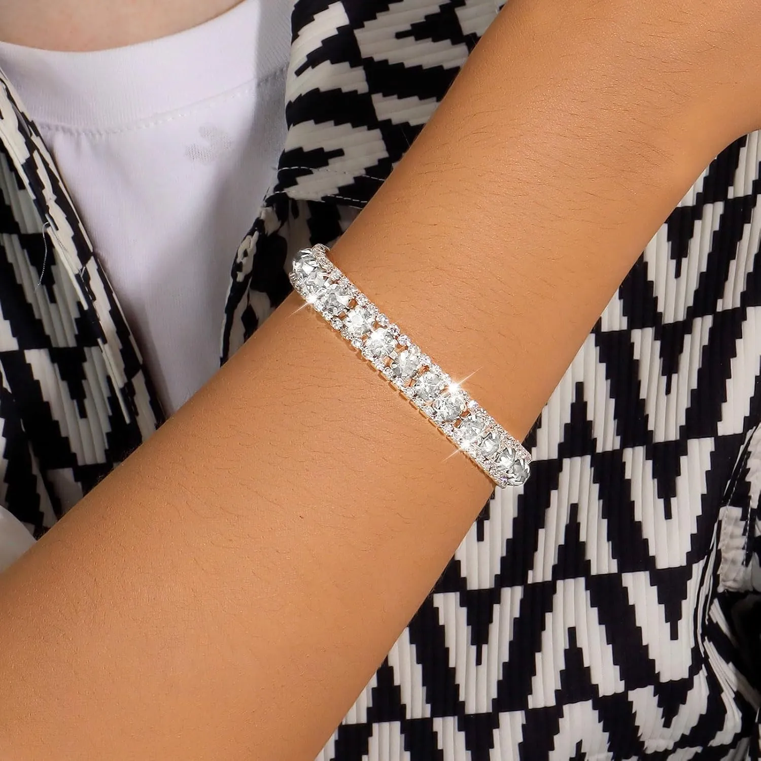 Rhinestone Bracelet for Women Silver Prom Jewelry Cuff Crystal Tennis Bracelets Formal Wedding Party Dress Outfits Accessories