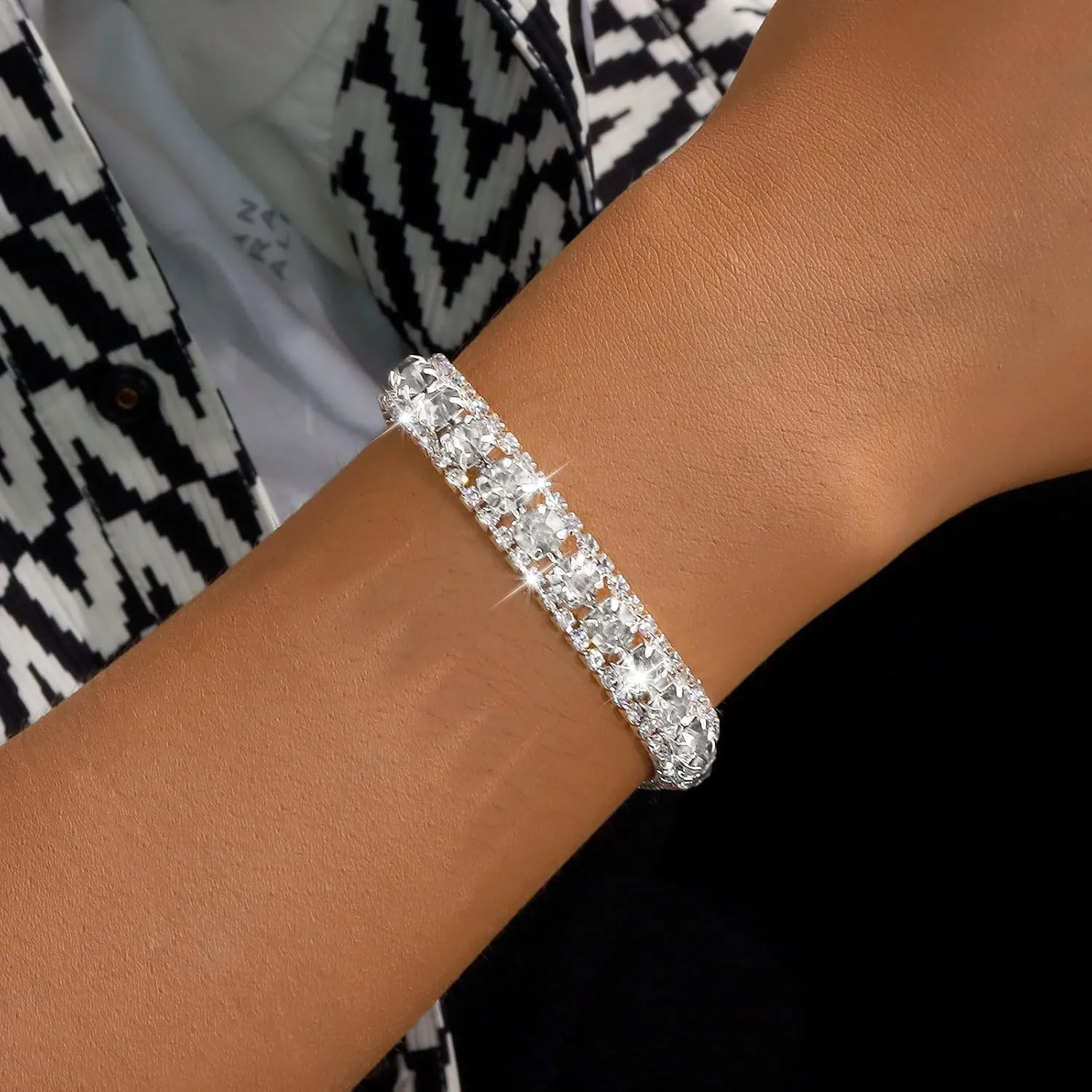 Rhinestone Bracelet for Women Silver Prom Jewelry Cuff Crystal Tennis Bracelets Formal Wedding Party Dress Outfits Accessories