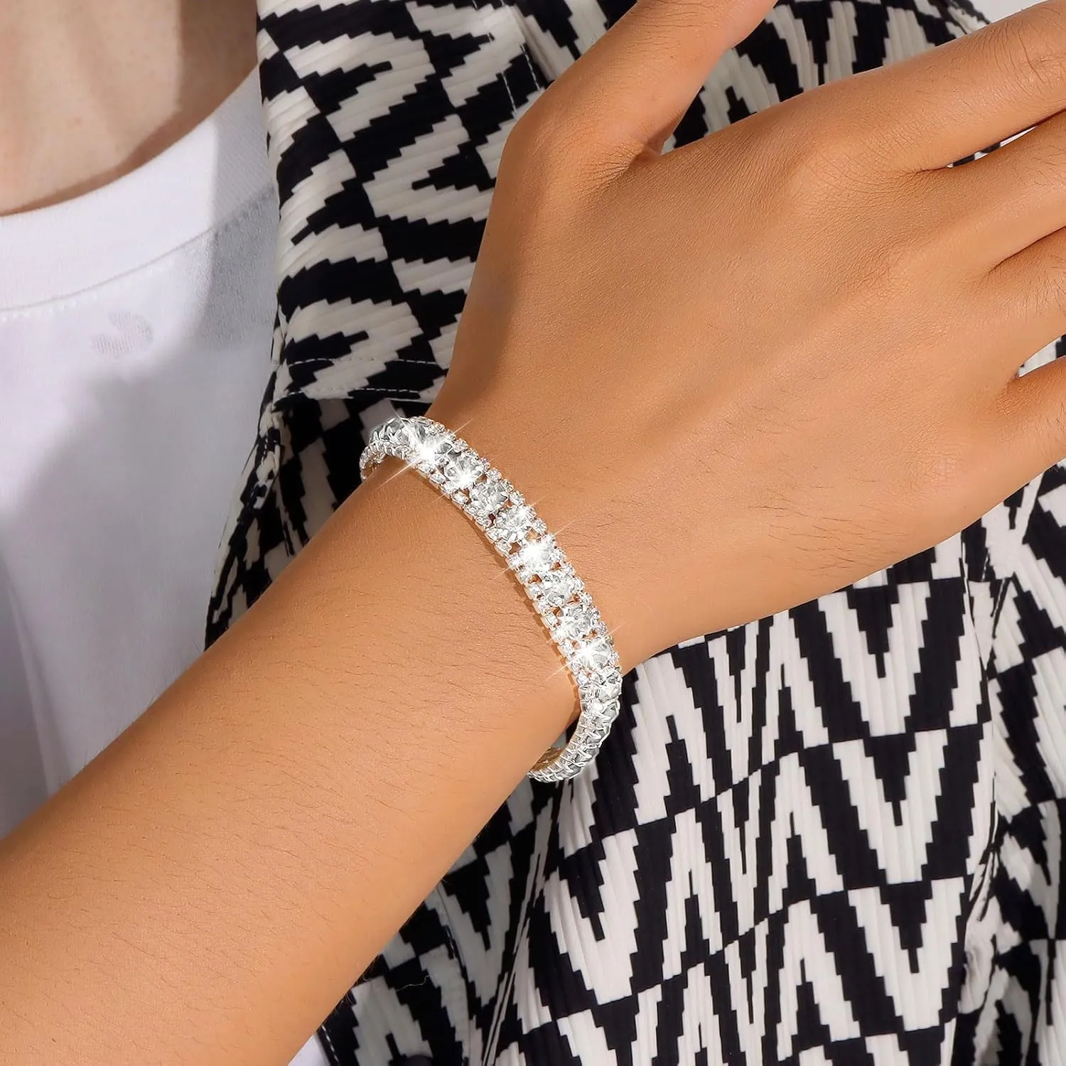 Rhinestone Bracelet for Women Silver Prom Jewelry Cuff Crystal Tennis Bracelets Formal Wedding Party Dress Outfits Accessories