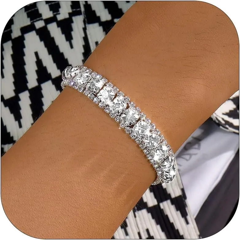 Rhinestone Bracelet for Women Silver Prom Jewelry Cuff Crystal Tennis Bracelets Formal Wedding Party Dress Outfits Accessories