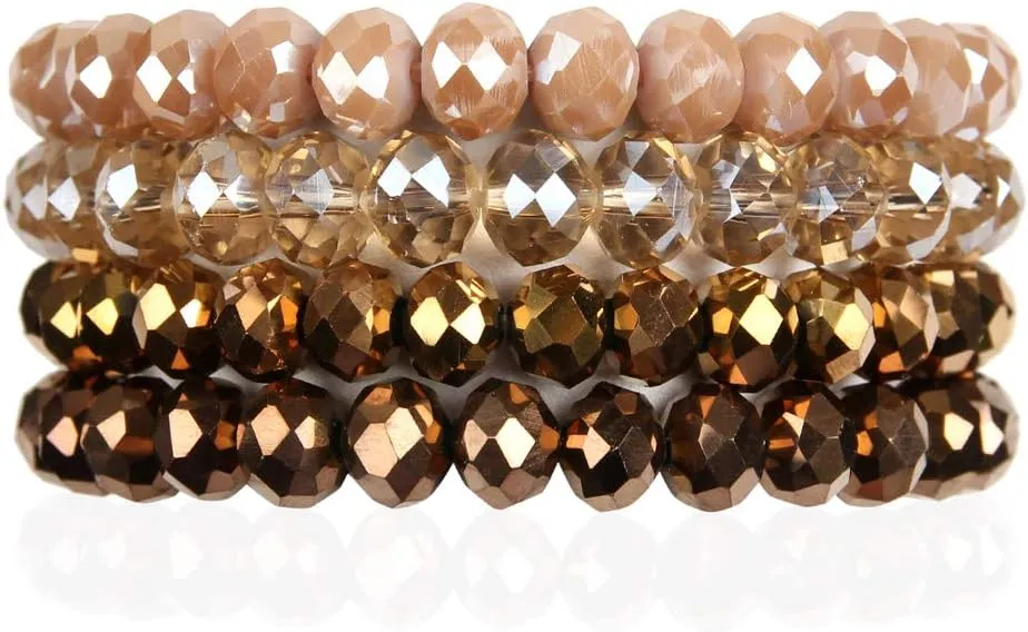 RIAH FASHION Bohemian Multi-Layer Beaded Stacking Bracelet - Versatile Stretch Strand Statement Wrap Slip-on Cuff Bangle Shiny Crystal Bead Metallic, USA Flag, Rainbow Pride
