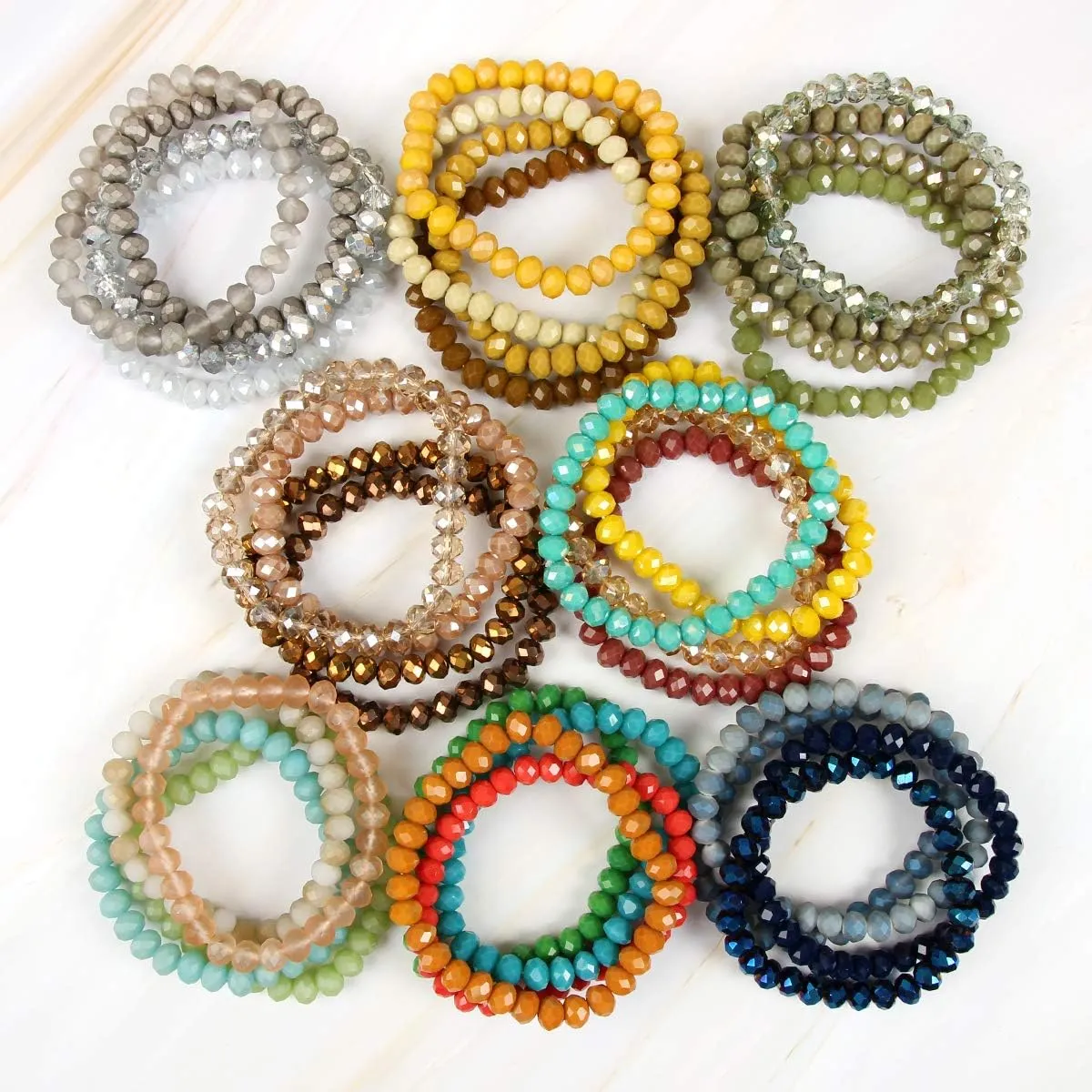RIAH FASHION Bohemian Multi-Layer Beaded Stacking Bracelet - Versatile Stretch Strand Statement Wrap Slip-on Cuff Bangle Shiny Crystal Bead Metallic, USA Flag, Rainbow Pride