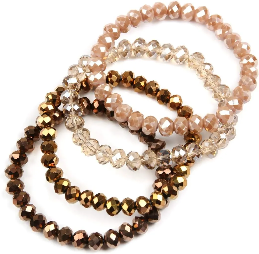 RIAH FASHION Bohemian Multi-Layer Beaded Stacking Bracelet - Versatile Stretch Strand Statement Wrap Slip-on Cuff Bangle Shiny Crystal Bead Metallic, USA Flag, Rainbow Pride