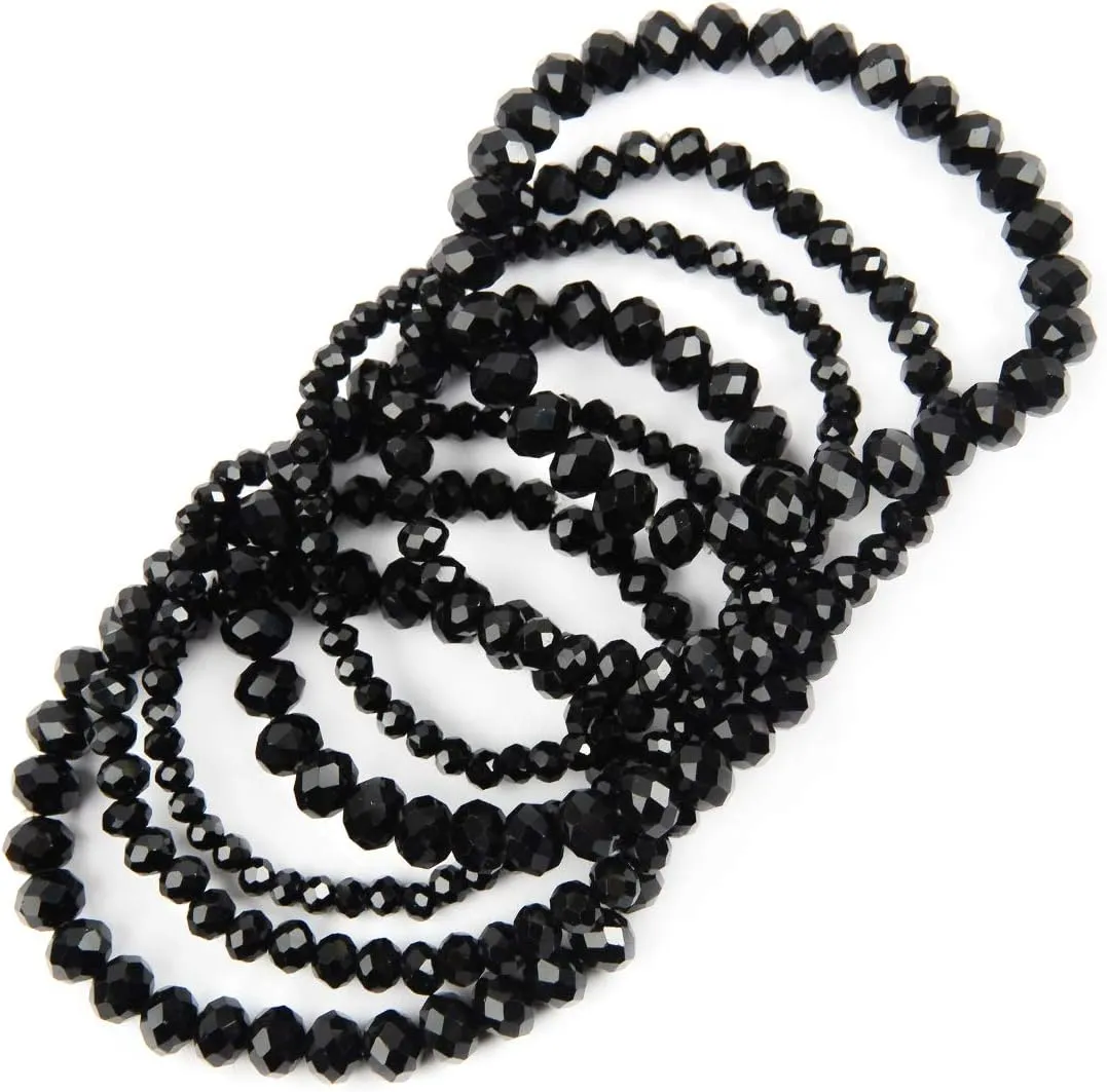 RIAH FASHION Bohemian Multi-Layer Beaded Stacking Statement Bracelets - Versatile Stretch Strand Sparkly Crystal Beads Wrap Slip-on Cuff Bangle Set