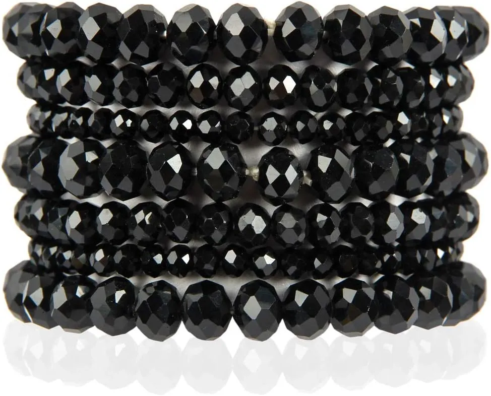 RIAH FASHION Bohemian Multi-Layer Beaded Stacking Statement Bracelets - Versatile Stretch Strand Sparkly Crystal Beads Wrap Slip-on Cuff Bangle Set