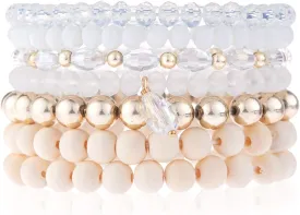 RIAH FASHION Bohemian Multi-Layer Beaded Stacking Statement Bracelets - Versatile Stretch Strand Wood Beads Wrap Slip-on Cuff Bangle Set