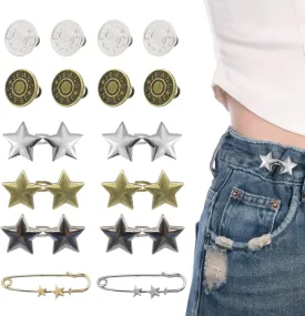 ROPAKED 16 Sets Buttons Pins for Loose Jeans Pant Waist Tightener No Sew Jeans Button Replacement, Reusable Waist Cincher Clip Adjustable Pants Button Tightener Metal Star Brooch for Clothing