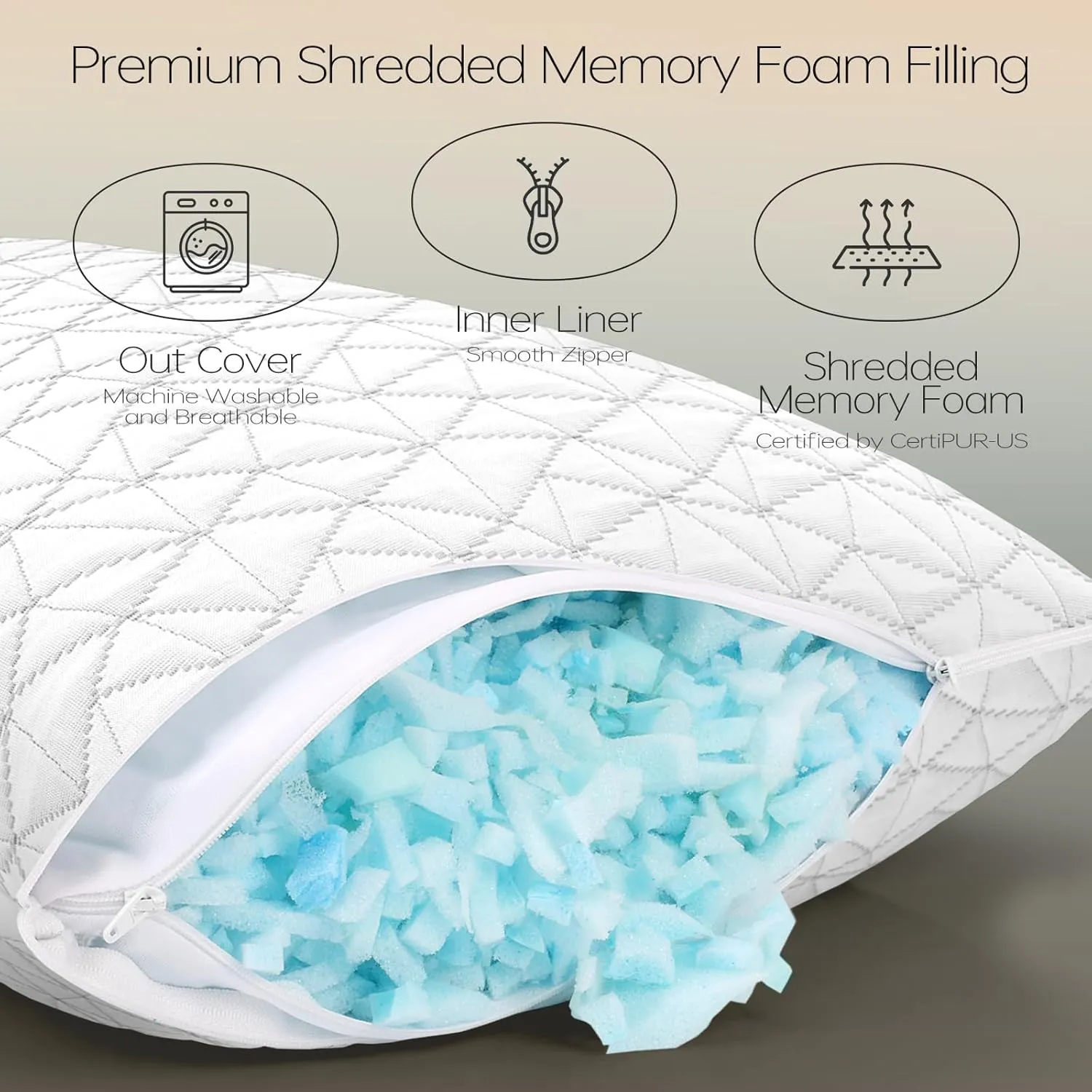Shredded Memory Foam Pillows, Bed Pillows for Sleeping, Queen Size Pillows, Cooling Pillow, Stomach and Back Sleepers with Removable Washable Pillowcase (Queen*1)