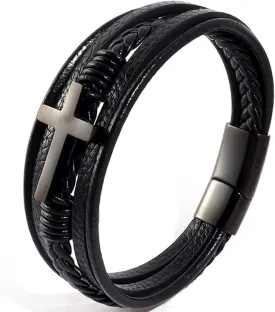 Stainless Steel Braided Leather Bracelet for Men Cuff Bangle Cross Magnetic Clasp
