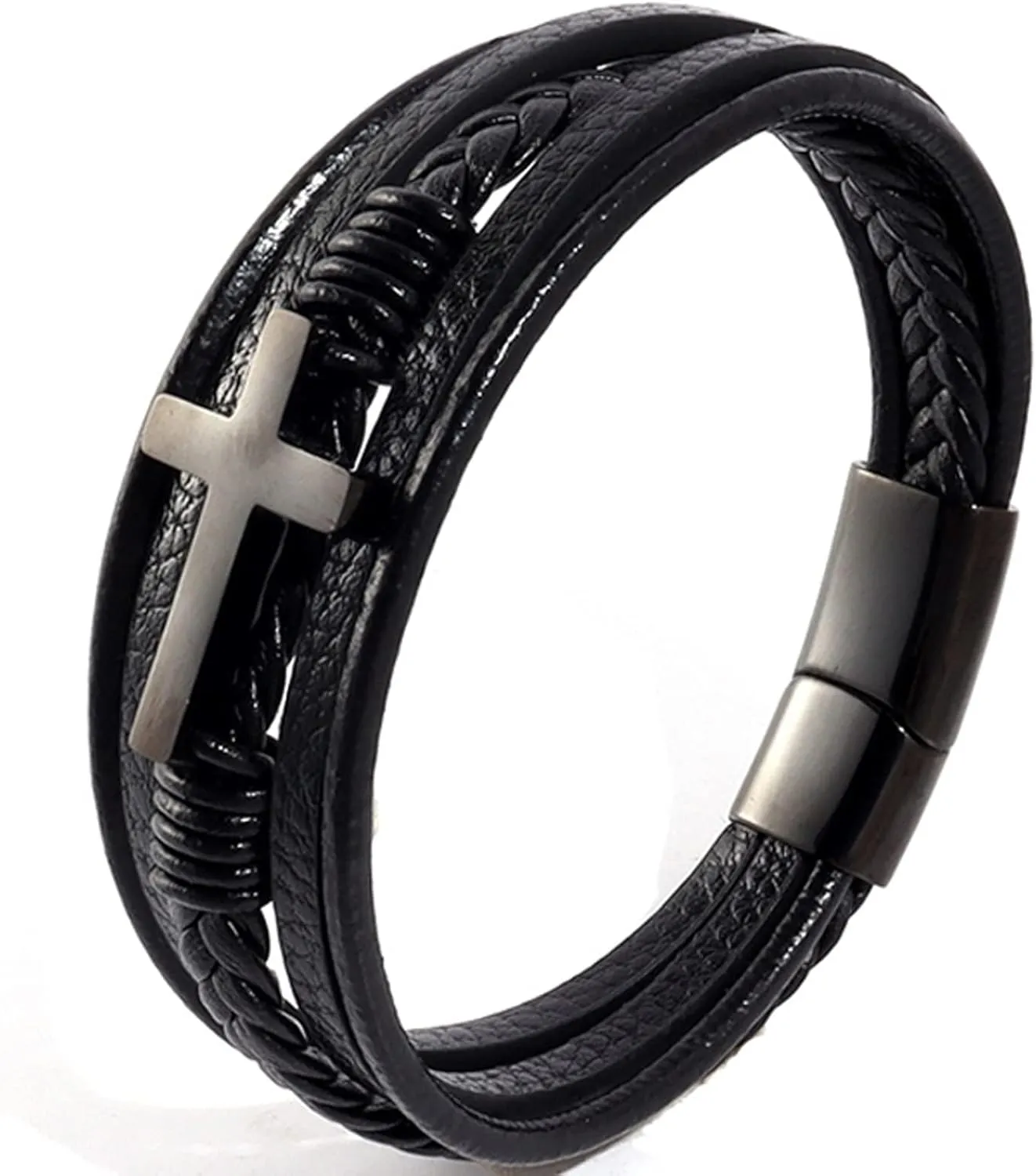 Stainless Steel Braided Leather Bracelet for Men Cuff Bangle Cross Magnetic Clasp