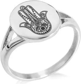 Stainless Steel Evil Eye Hamsa Hand of Fatima Symbol Minimalist Oval Top Polished Statement Ring