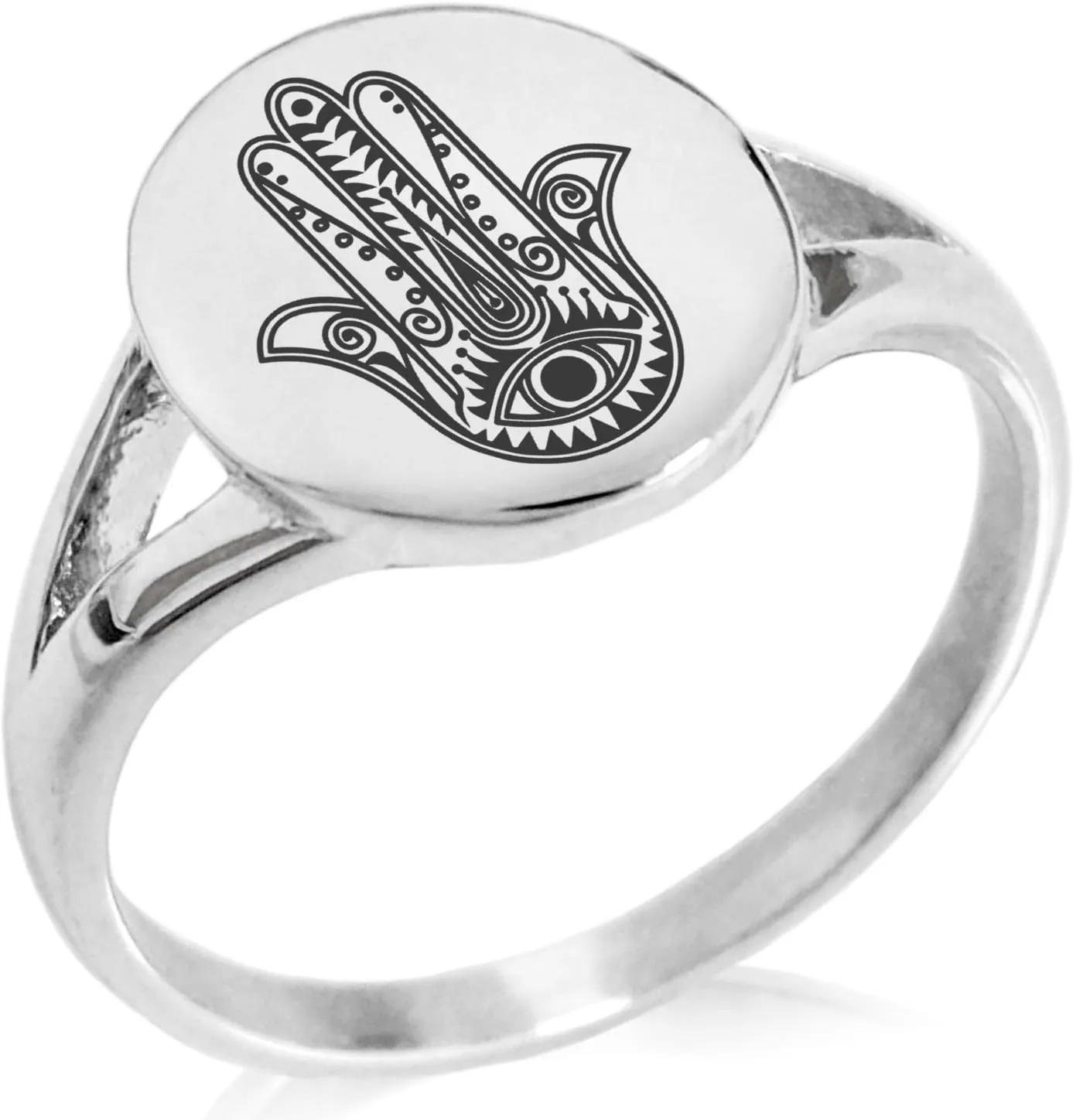 Stainless Steel Evil Eye Hamsa Hand of Fatima Symbol Minimalist Oval Top Polished Statement Ring
