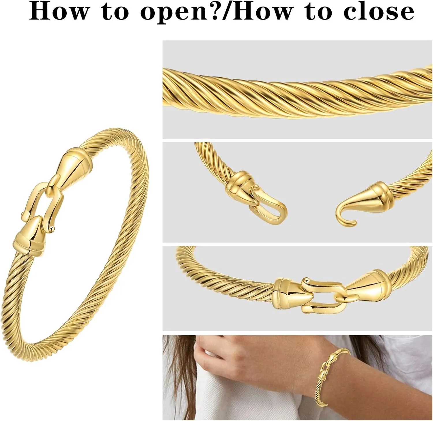 Stainless Steel Twisted Cable Wire Bracelets with Hook Adjustable Cuff Bangle Bracelet Vintage Jewelry Gift for Women