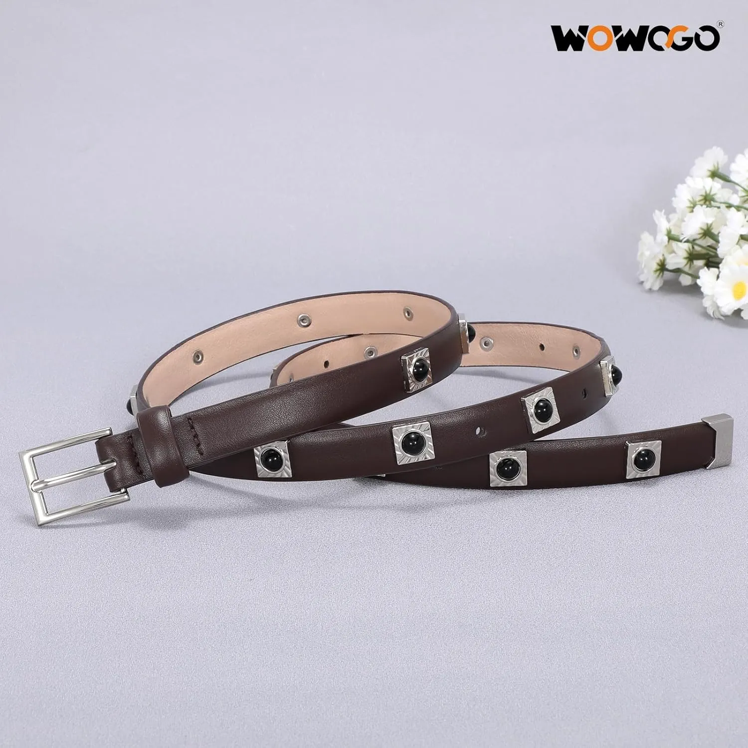 Studded Belt for Women Skinny Leather Belt Fashion Punk Thin Ladies Belt for Jeans Pants Dresses