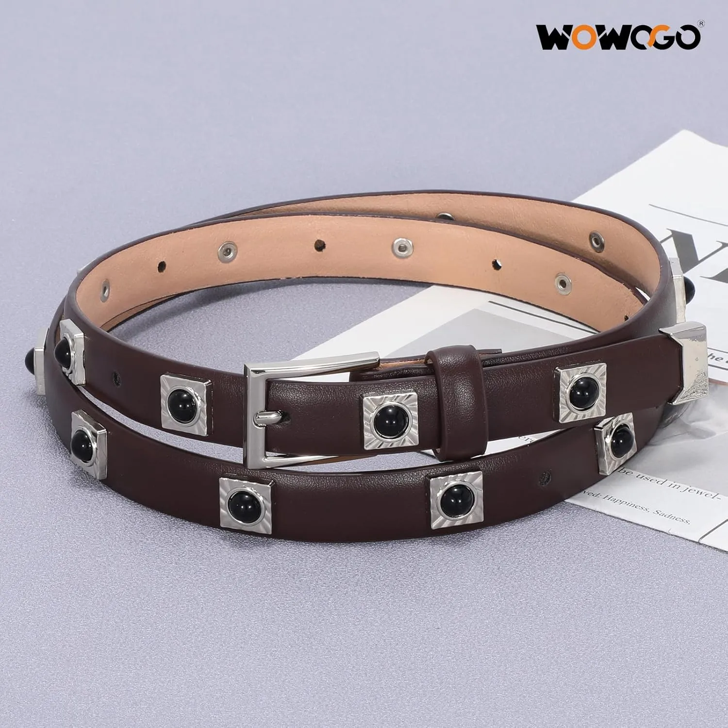 Studded Belt for Women Skinny Leather Belt Fashion Punk Thin Ladies Belt for Jeans Pants Dresses