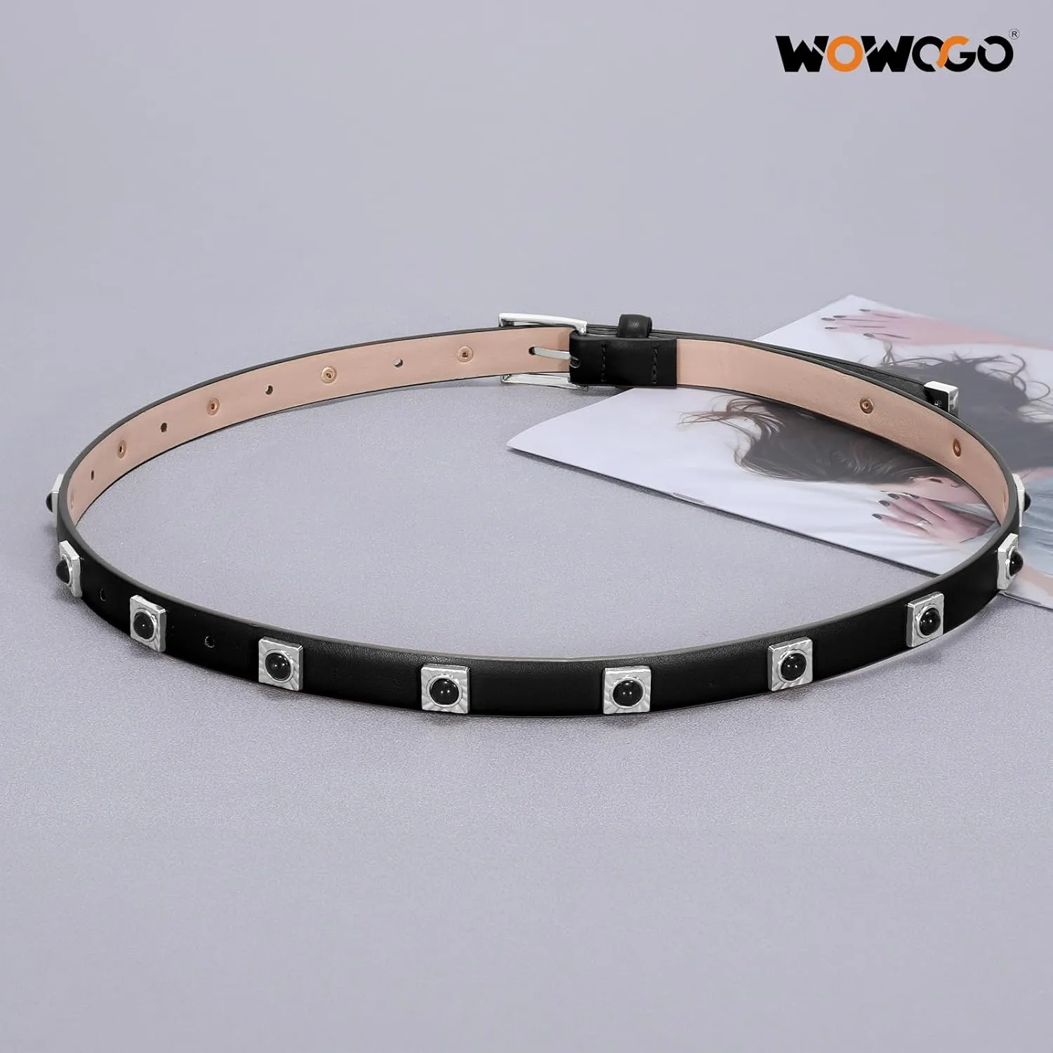 Studded Belt for Women Skinny Leather Belt Fashion Punk Thin Ladies Belt for Jeans Pants Dresses