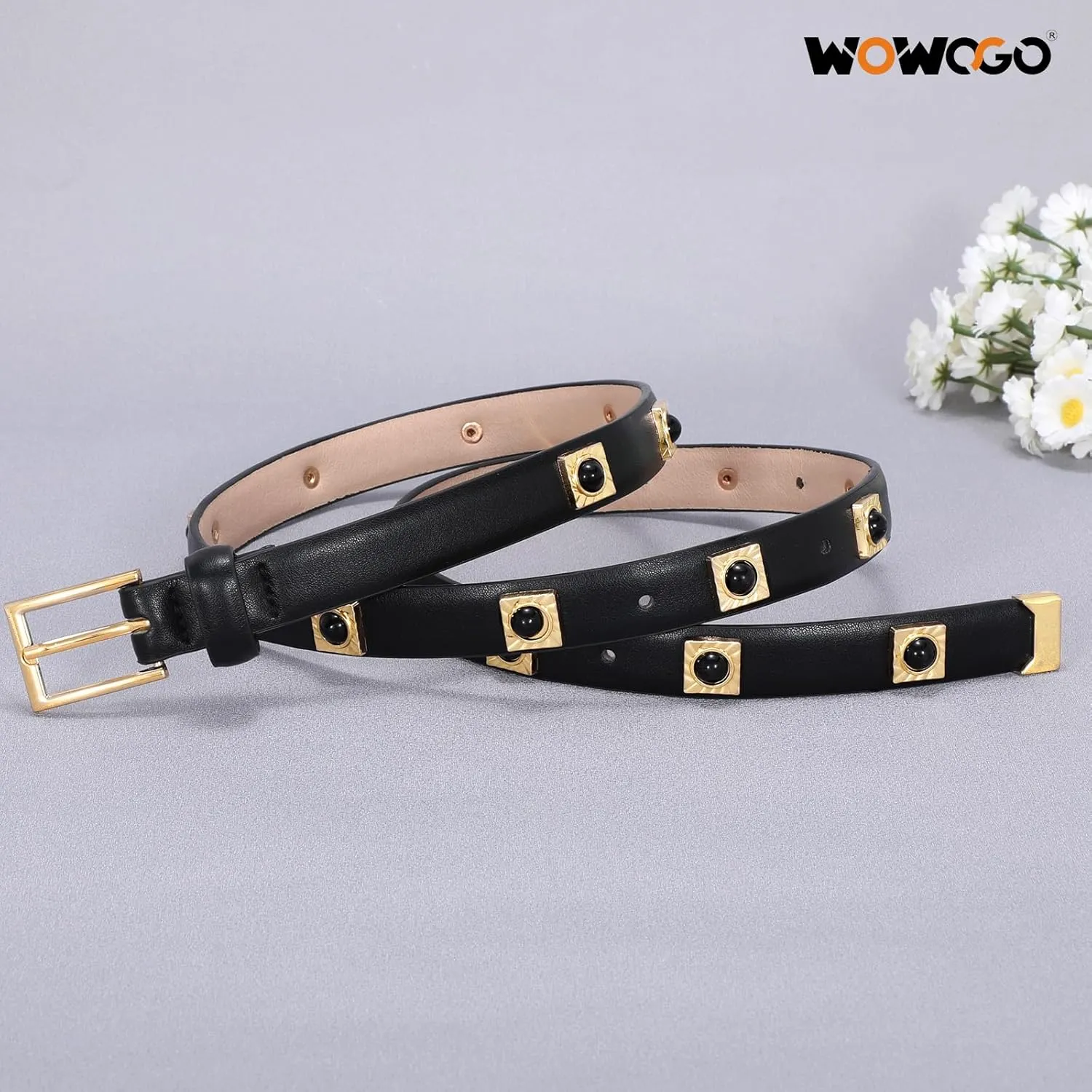 Studded Belt for Women Skinny Leather Belt Fashion Punk Thin Ladies Belt for Jeans Pants Dresses