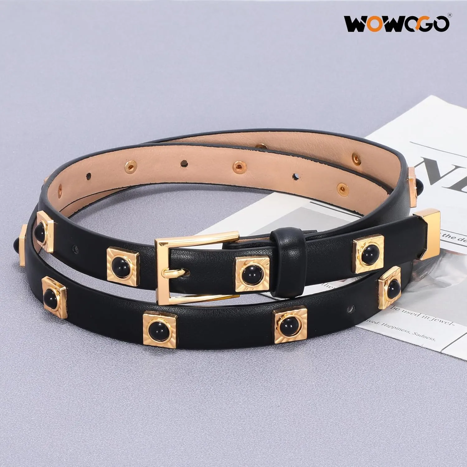 Studded Belt for Women Skinny Leather Belt Fashion Punk Thin Ladies Belt for Jeans Pants Dresses