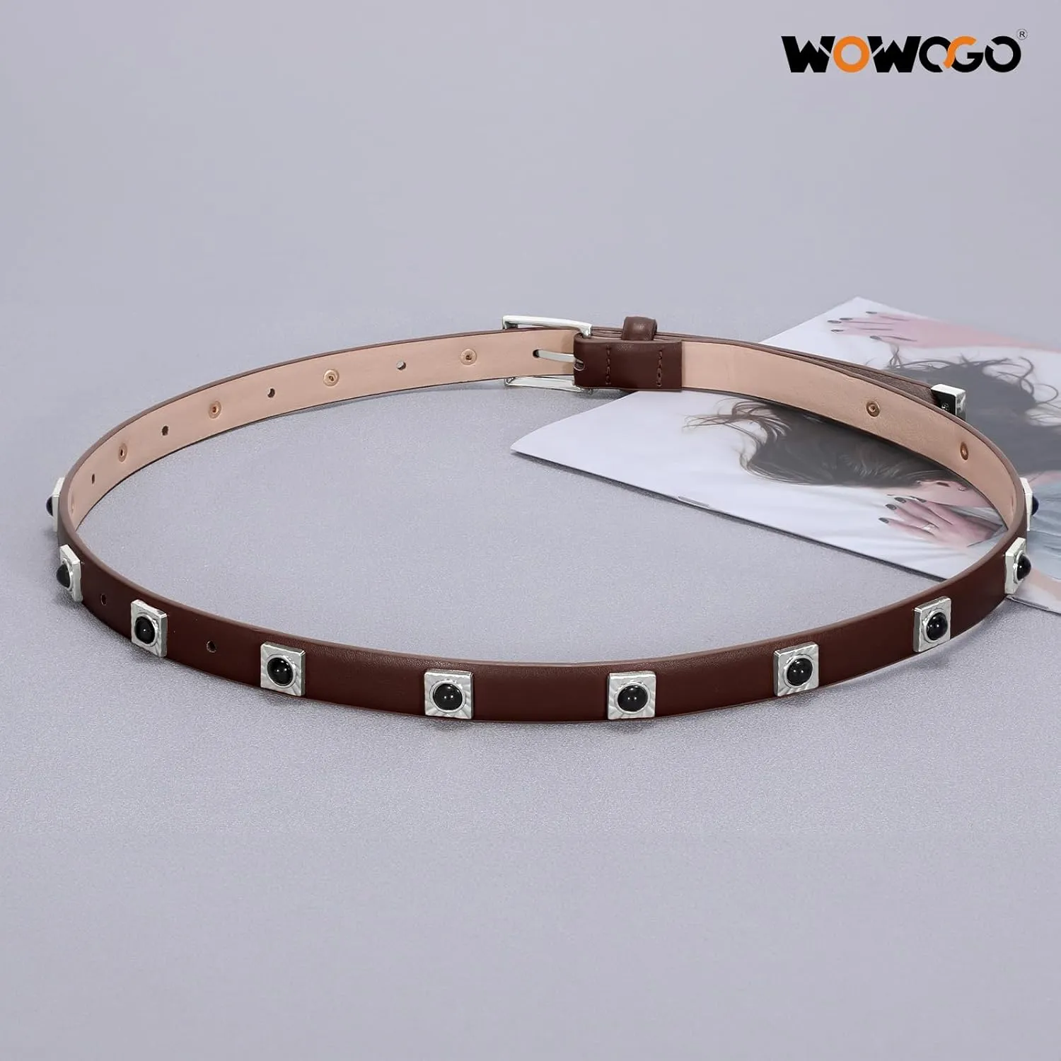 Studded Belt for Women Skinny Leather Belt Fashion Punk Thin Ladies Belt for Jeans Pants Dresses