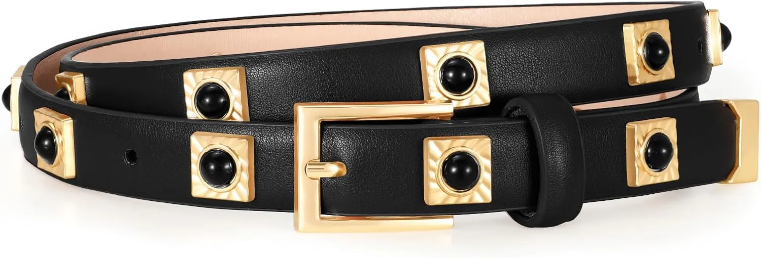 Studded Belt for Women Skinny Leather Belt Fashion Punk Thin Ladies Belt for Jeans Pants Dresses