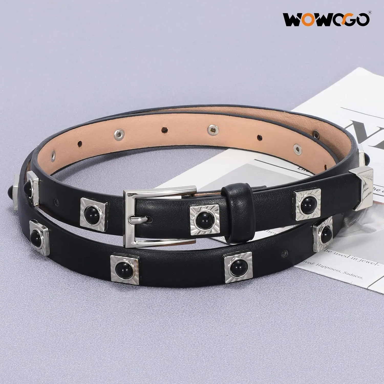 Studded Belt for Women Skinny Leather Belt Fashion Punk Thin Ladies Belt for Jeans Pants Dresses