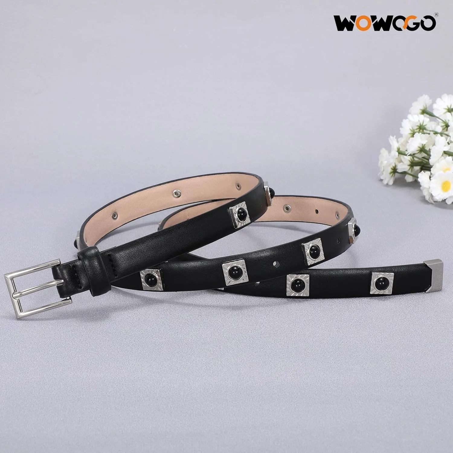 Studded Belt for Women Skinny Leather Belt Fashion Punk Thin Ladies Belt for Jeans Pants Dresses