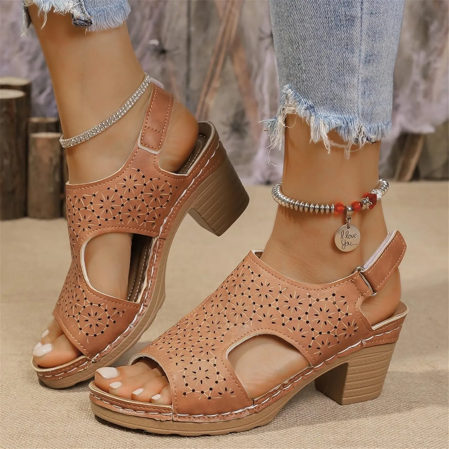 Summer Sandals for Women 2025 Trendy Bohemian Chunky Heeled Shoes Hollow Out Open Toe Boots Ankle Buckle Adjustable Strap Shoes Peep Slip On Platform Sandals Fashion Leather Vacation Footwear