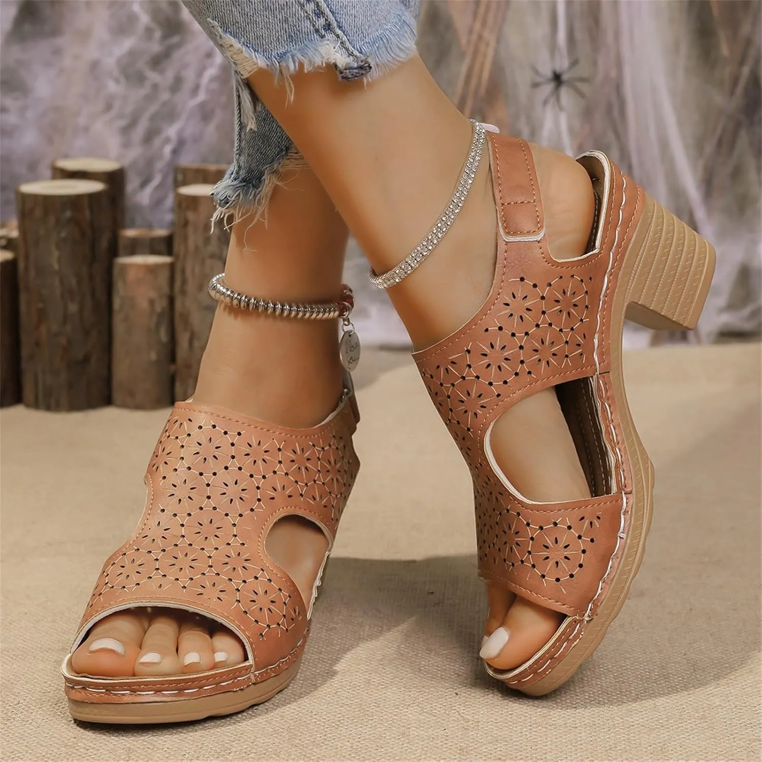 Summer Sandals for Women 2025 Trendy Bohemian Chunky Heeled Shoes Hollow Out Open Toe Boots Ankle Buckle Adjustable Strap Shoes Peep Slip On Platform Sandals Fashion Leather Vacation Footwear