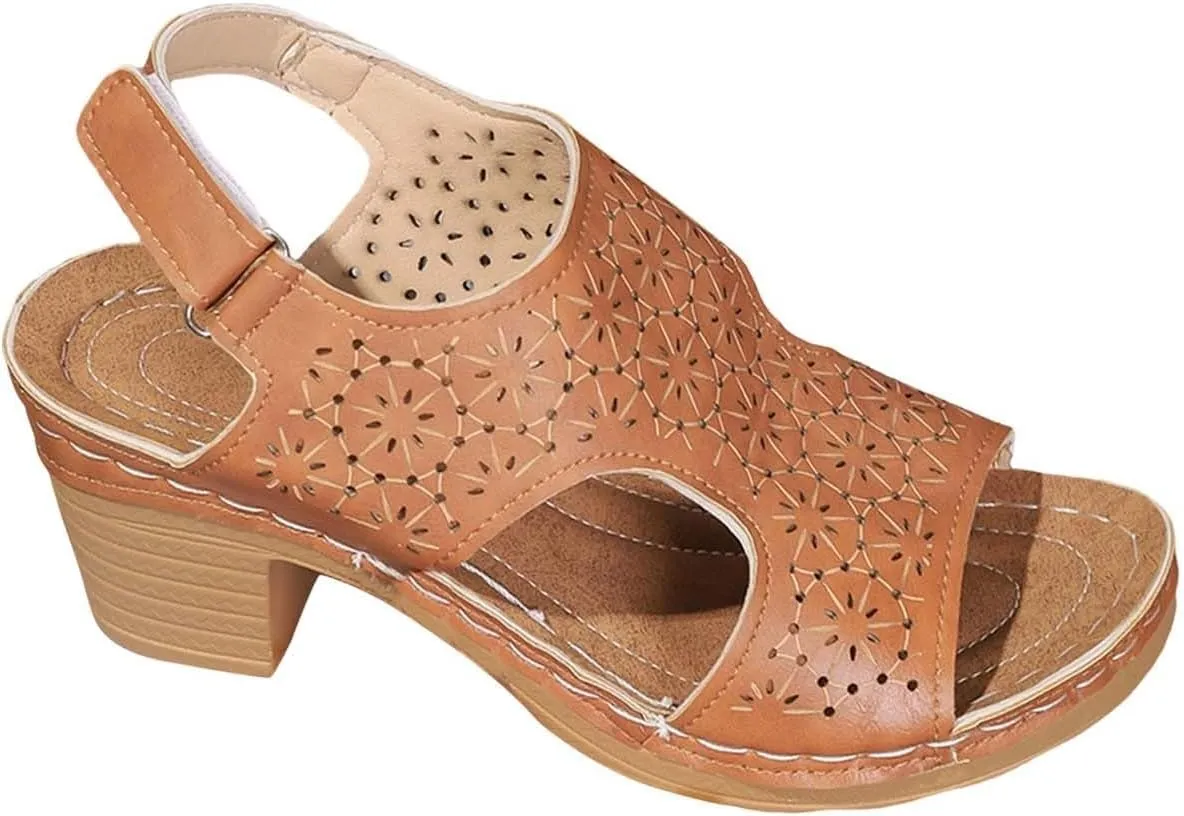 Summer Sandals for Women 2025 Trendy Bohemian Chunky Heeled Shoes Hollow Out Open Toe Boots Ankle Buckle Adjustable Strap Shoes Peep Slip On Platform Sandals Fashion Leather Vacation Footwear