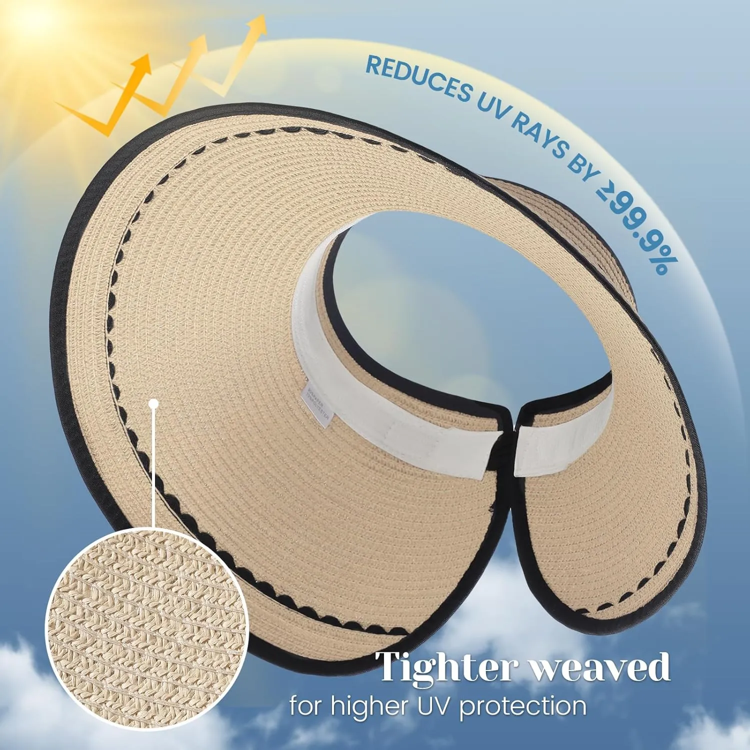 Sun Hats for Women, Beach Hat Sun Hat Women Visor Hats Wide Brim Straw Ponytail Hats for Women Foldable (Curl Packaging)