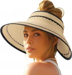 Sun Hats for Women, Beach Hat Sun Hat Women Visor Hats Wide Brim Straw Ponytail Hats for Women Foldable (Curl Packaging)