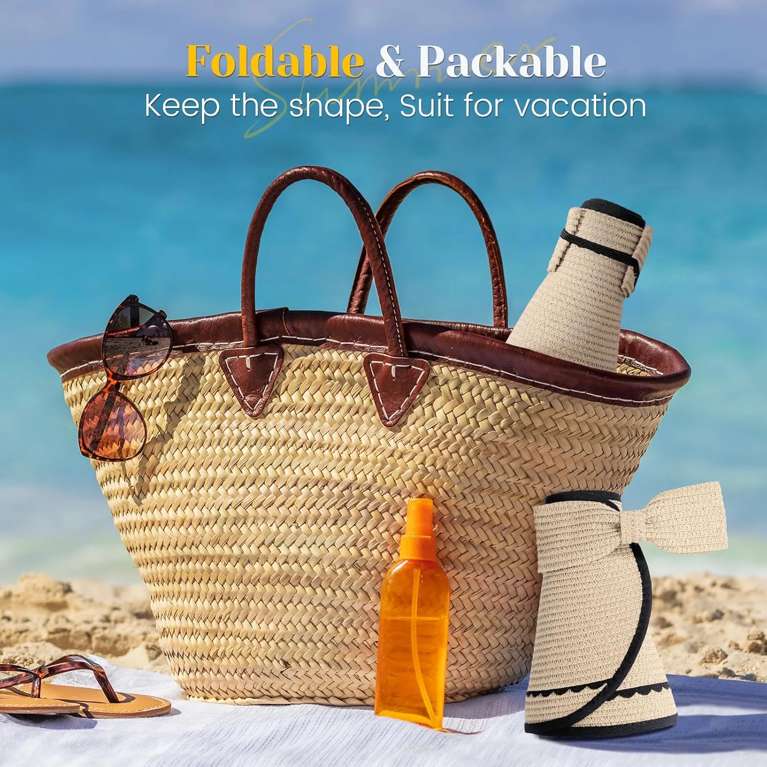 Sun Hats for Women, Beach Hat Sun Hat Women Visor Hats Wide Brim Straw Ponytail Hats for Women Foldable (Curl Packaging)