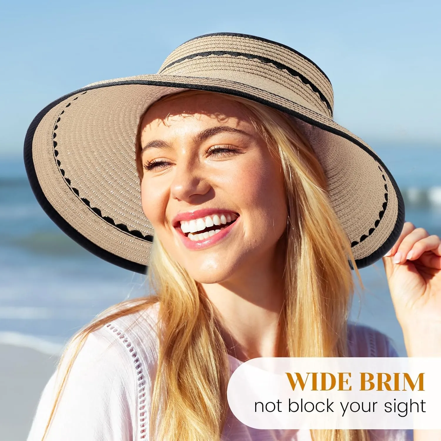 Sun Hats for Women, Beach Hat Sun Hat Women Visor Hats Wide Brim Straw Ponytail Hats for Women Foldable (Curl Packaging)