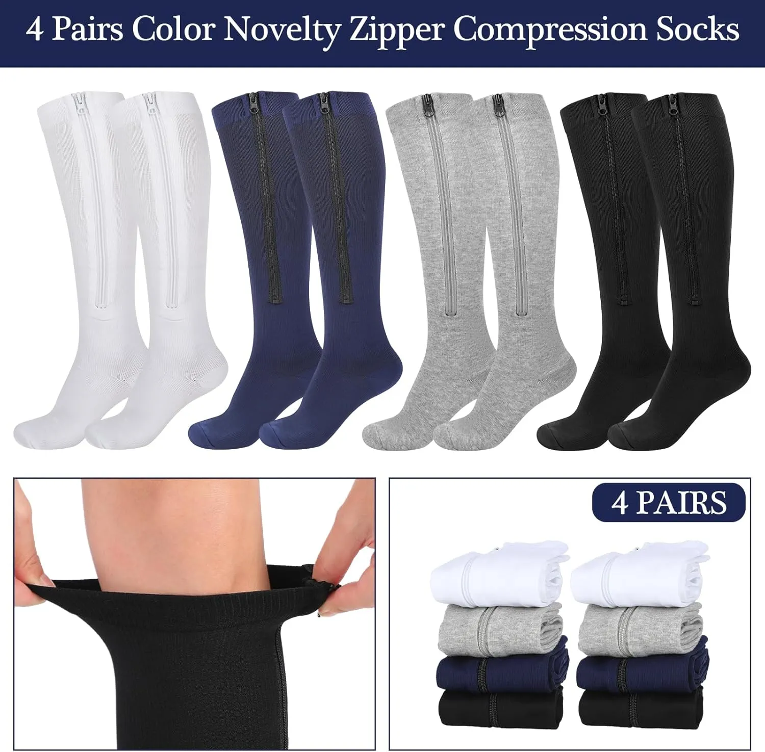 Tarpop 4 Pairs Men Zipper Compression Socks Colorful 20-30mmhg Compression Stockings with Zipper for Men Women Swelling Edema