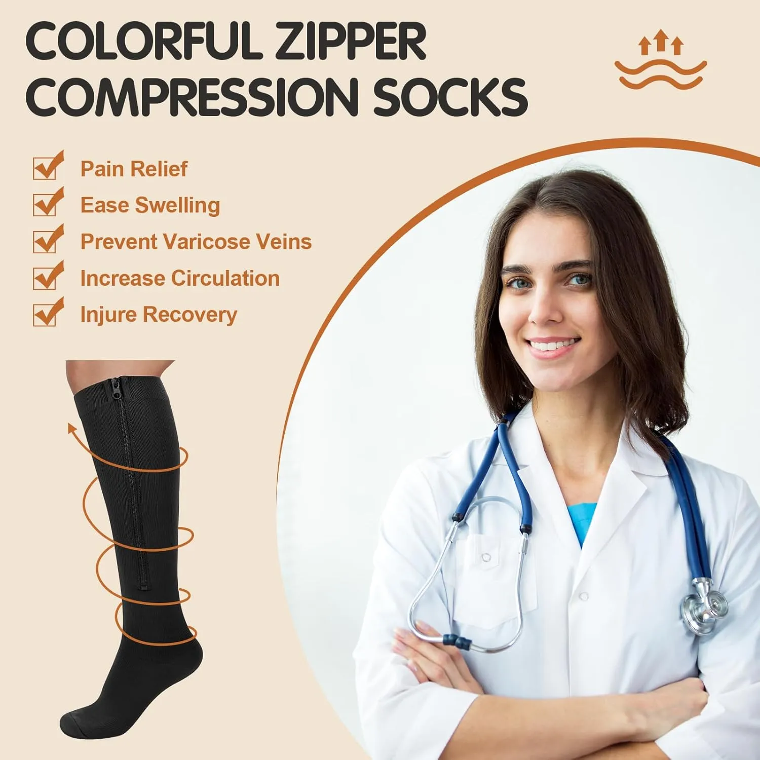 Tarpop 4 Pairs Men Zipper Compression Socks Colorful 20-30mmhg Compression Stockings with Zipper for Men Women Swelling Edema