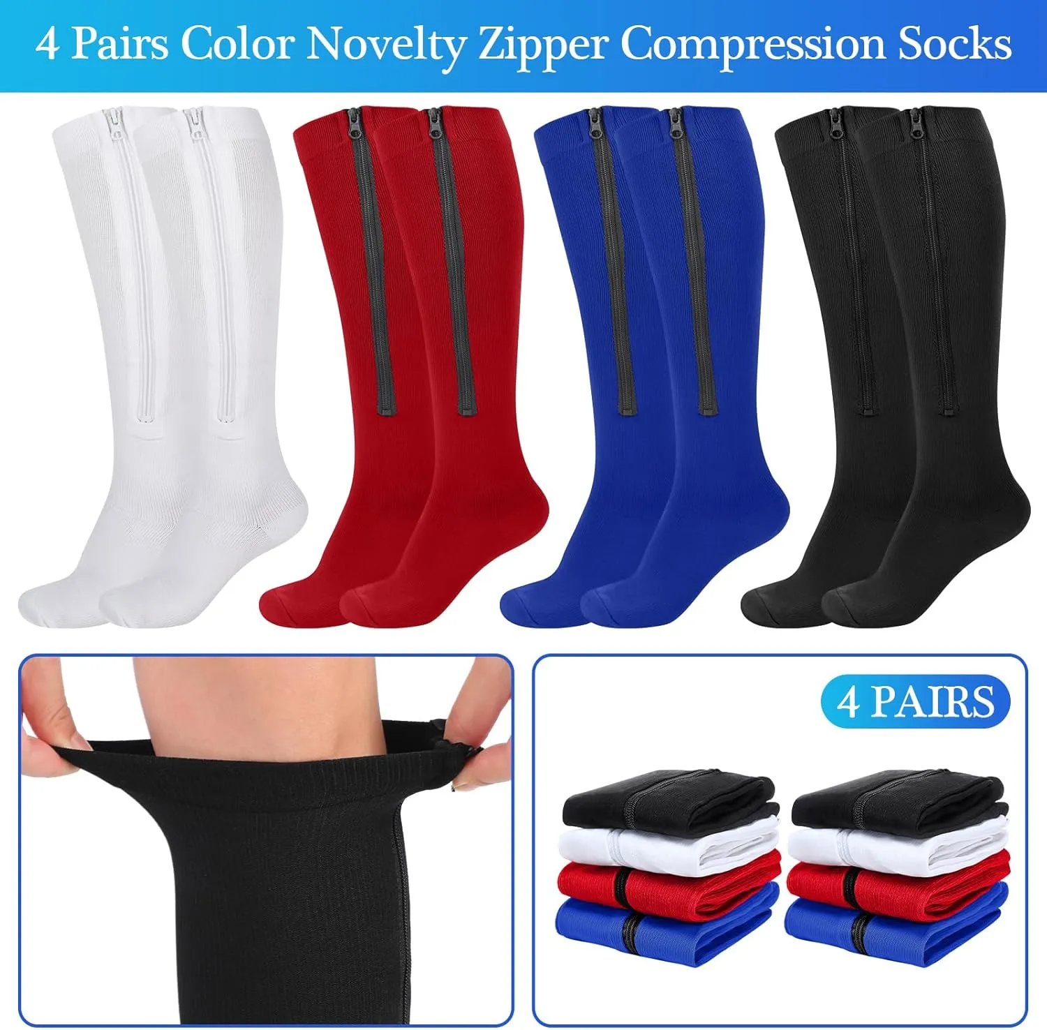 Tarpop 4 Pairs Men Zipper Compression Socks Colorful 20-30mmhg Compression Stockings with Zipper for Men Women Swelling Edema