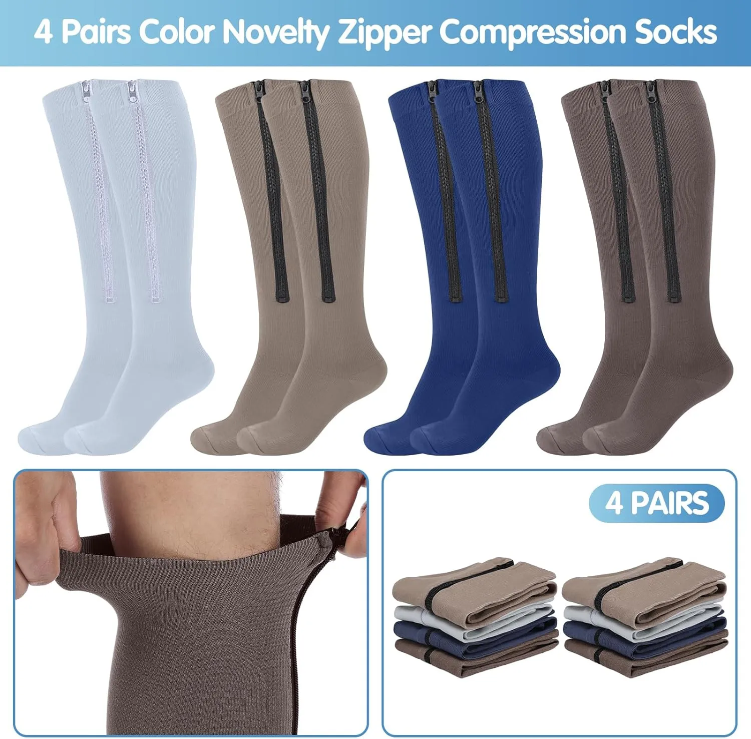 Tarpop 4 Pairs Men Zipper Compression Socks Colorful 20-30mmhg Compression Stockings with Zipper for Men Women Swelling Edema