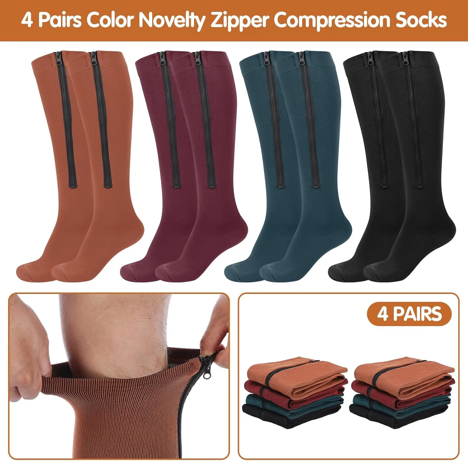 Tarpop 4 Pairs Men Zipper Compression Socks Colorful 20-30mmhg Compression Stockings with Zipper for Men Women Swelling Edema